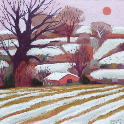 A painting depicting a winter scene with fields, trees and snow.
