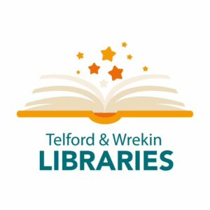 Logo: An open book with orange stars emerging from the pages. Green text underneath reads 'Telford & Wrekin Libraries'