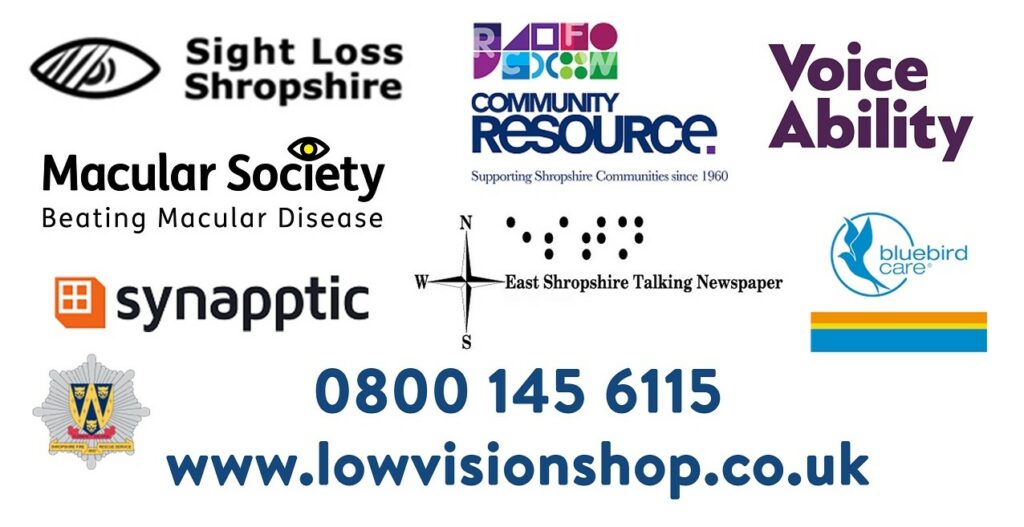 Exhibitor & Supporter Logos; Sight Loss Shropshire, Macular Society, Community Resource, Voice Ability, Synapptic, East Shropshire Talking Newspaper, Bluebird Cafe