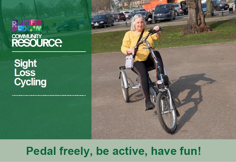 A cyclist on an adapted bike. Text reads: Pedal freely, be active, have fun! Community Resource logo is featured top left. 