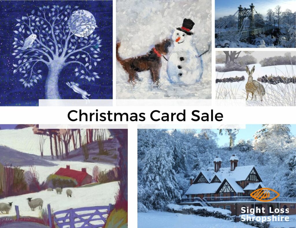 Festive Christmas Card images; owls in a winter tree, a snowman and dog, Porthill Bridge in the snow, a winter hare, and a snowy Pengwern Boat Club. Text reads Christmas Card Sale, with the Sight Loss Shropshire logo.