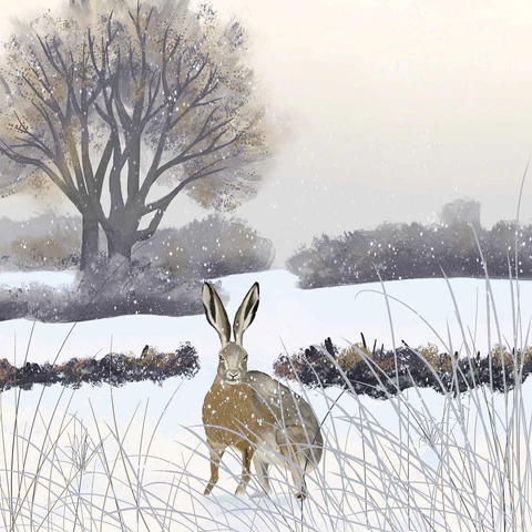 A painting of a hare in a wintery snowy scene