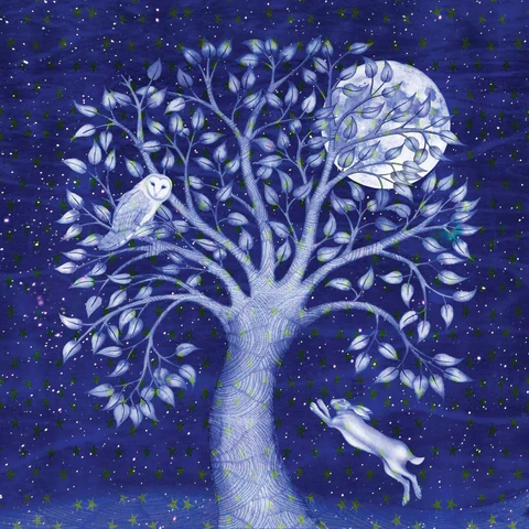 Drawing of a white tree against a blue background with a white moon, hare and owl